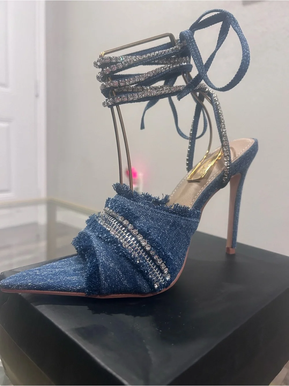 EGO Denim Pointed Toe Crystal-Ankle Lace Stiletto - Blue